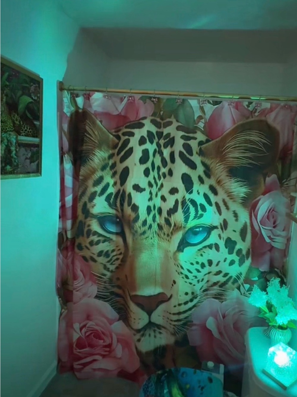 SHEIN Leopard Face Shower Curtain with Pink Roses - Picture 2 of 3
